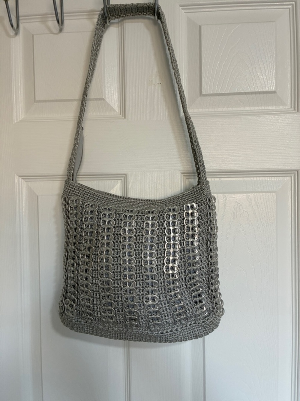 Gray Crochet Shoulder Bag with Silver Accent handmade aluminum tab soda pop top